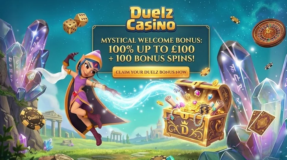 A vibrant, fantasy-themed banner for Duelz Casino, featuring an elven sorceress, a gleaming treasure chest, and mystical crystals, advertising a "Mystical Welcome Bonus: 100% Up To £100 + 100 Bonus Spins!".