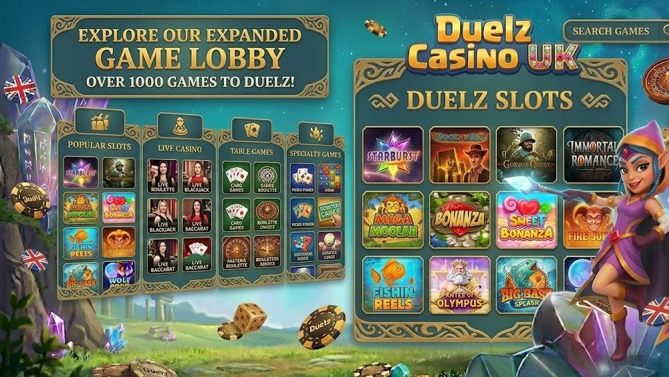 A comprehensive horizontal banner for the Duelz Casino UK "Games" page, showcasing an expanded lobby with categories for slots, live casino, and table games, set in a magical fantasy landscape.