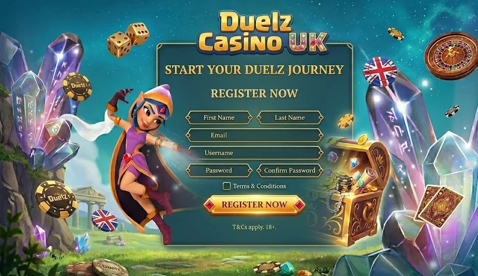 A clean and professional sign-up banner for Duelz Casino UK, featuring a simplified registration form, the fantasy elven character, and a treasure chest against a magical landscape.