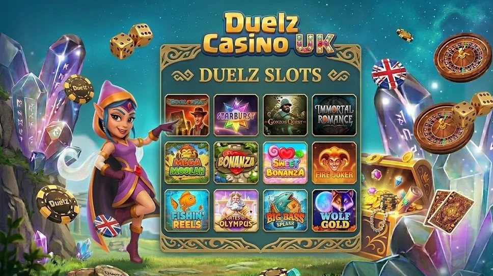A vibrant, horizontal digital illustration showcasing the "Duelz Casino UK" slots lobby, featuring an elven sorceress, a grid of popular slot game thumbnails, a treasure chest, crystals, dice, and a roulette wheel.