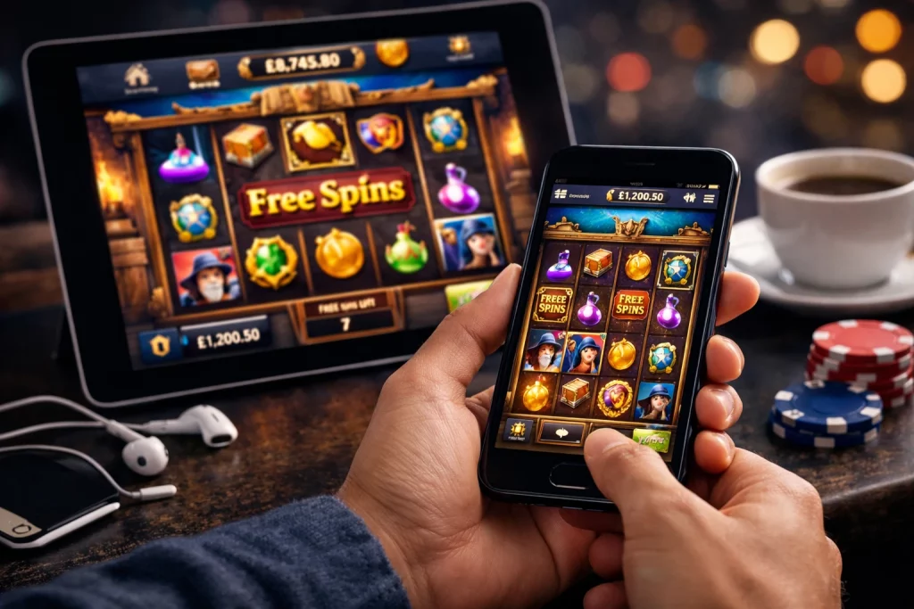 Person using a smartphone with a mobile casino game interface while a tablet in the background displays a slot-style gaming screen, representing the Duelz Casino App mobile gaming experience in the UK.