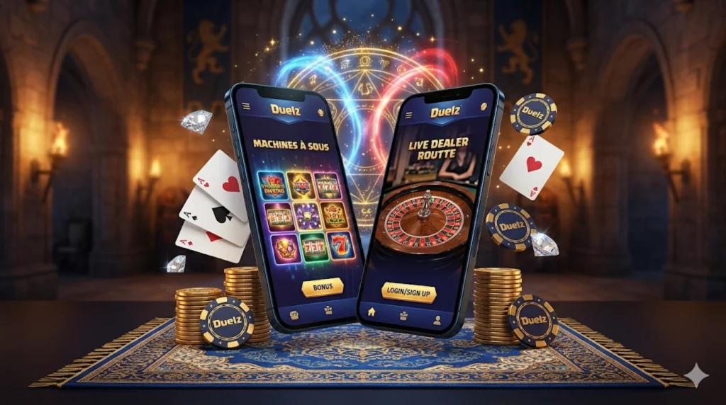 Mobile casino app banner showing two smartphones with slot games and live roulette, surrounded by playing cards, casino chips, gold coins, diamonds, and a magical glowing circle in a castle-like background.
