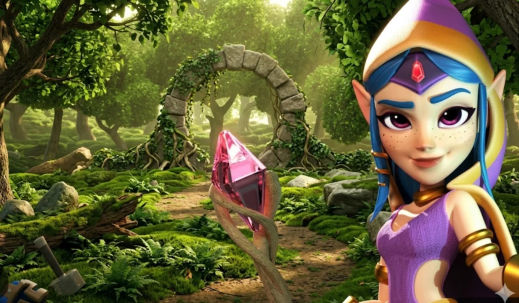 Fantasy forest scene with a cartoon elf girl, a glowing pink crystal on a pedestal, and a stone arch portal surrounded by lush green trees and moss.