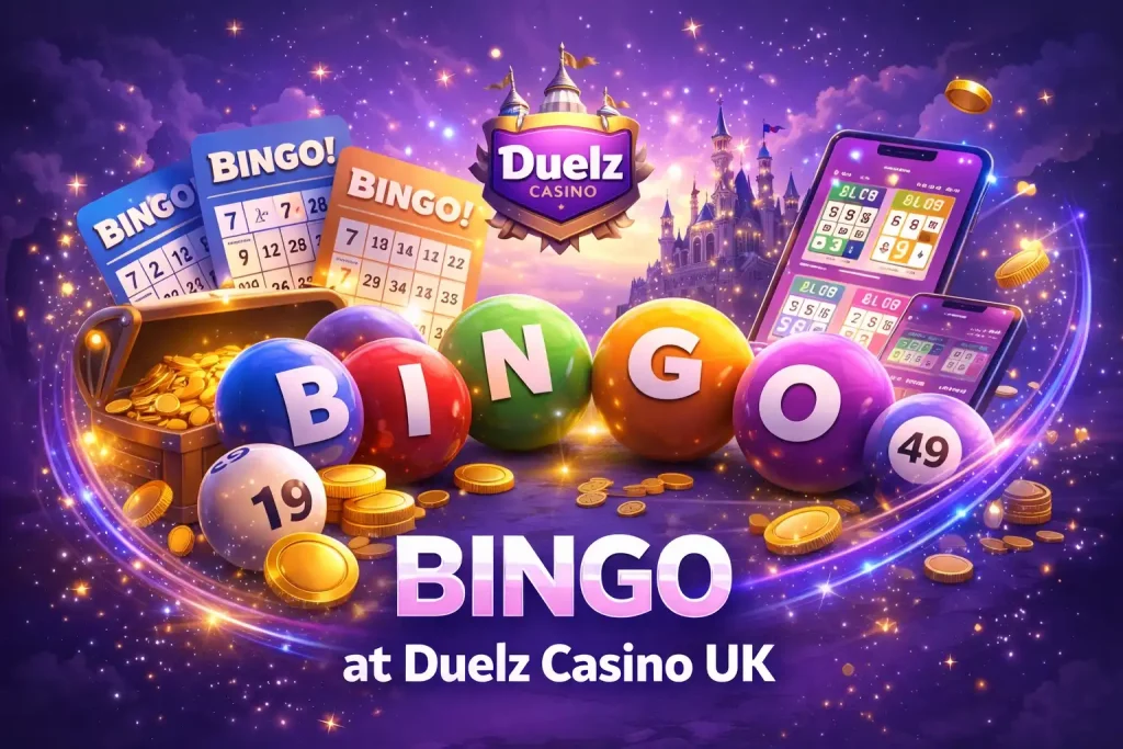 Duelz Casino Bingo banner featuring colourful bingo balls, bingo cards, coins, and a purple fantasy-style UK-themed background
