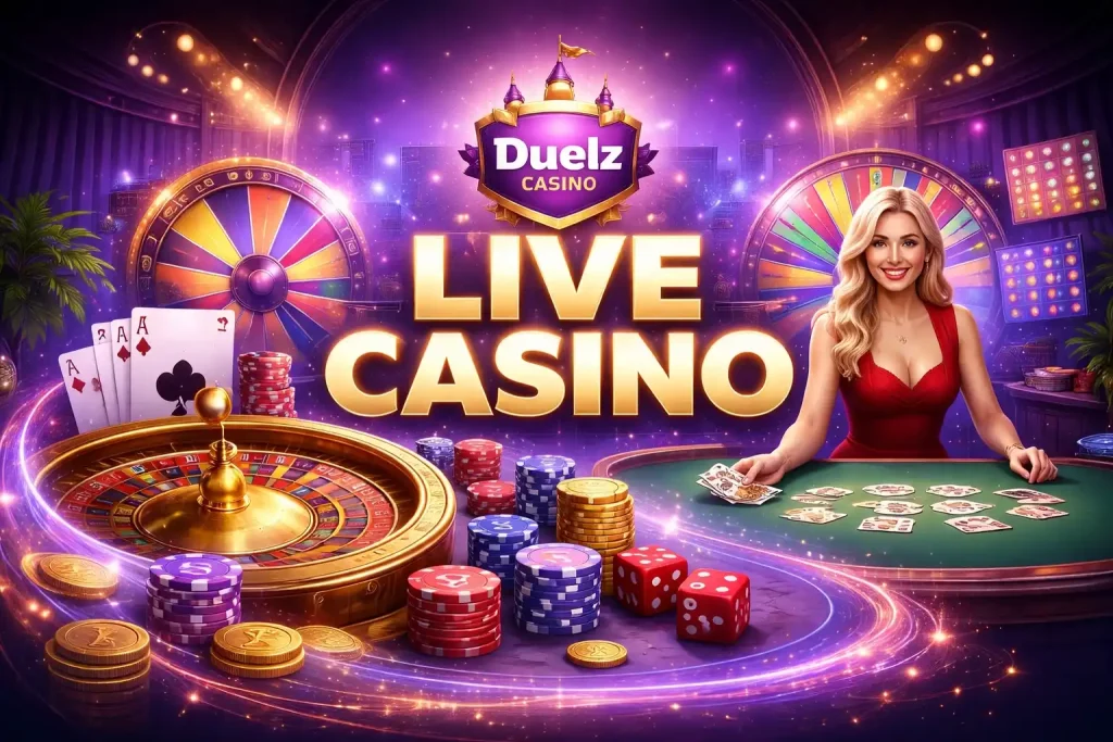 Duelz Casino Live Casino banner featuring roulette wheel, casino chips, dice, playing cards, and a vibrant purple UK-themed background