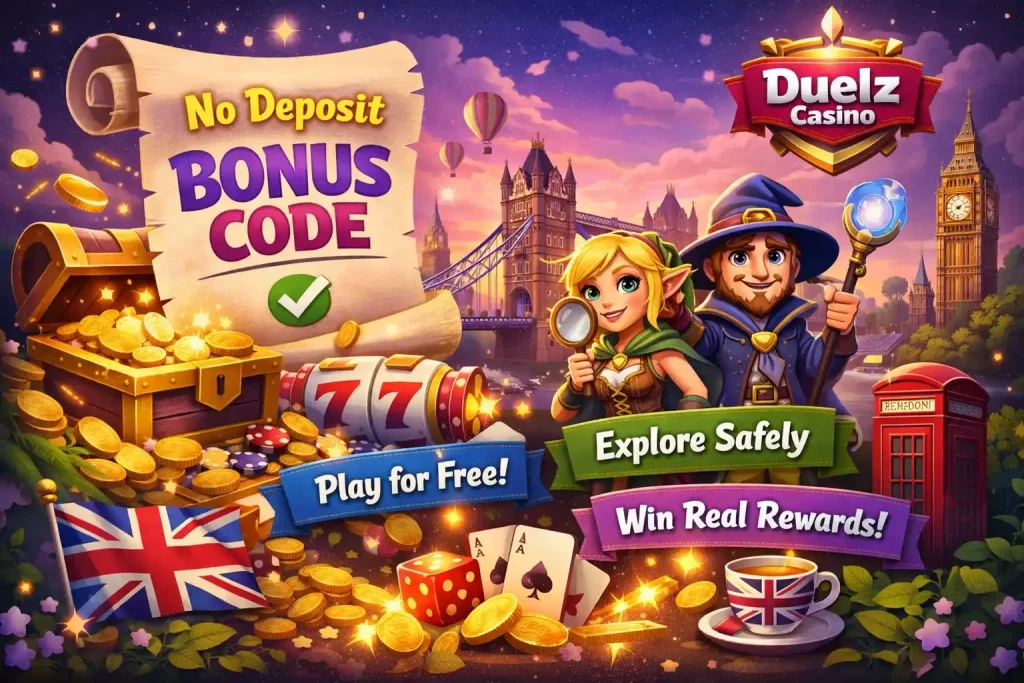 No Deposit Bonus Code artwork for Duelz Casino UK featuring treasure chest with coins, bonus scroll, casino elements, and London landmarks like Tower Bridge and Big Ben in a vibrant fantasy style.