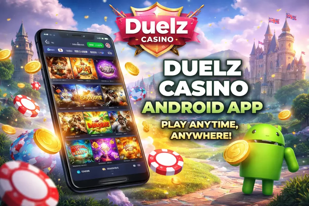 Duelz Casino Android app on smartphone with casino games, slots, coins and mobile gameplay experience for UK players