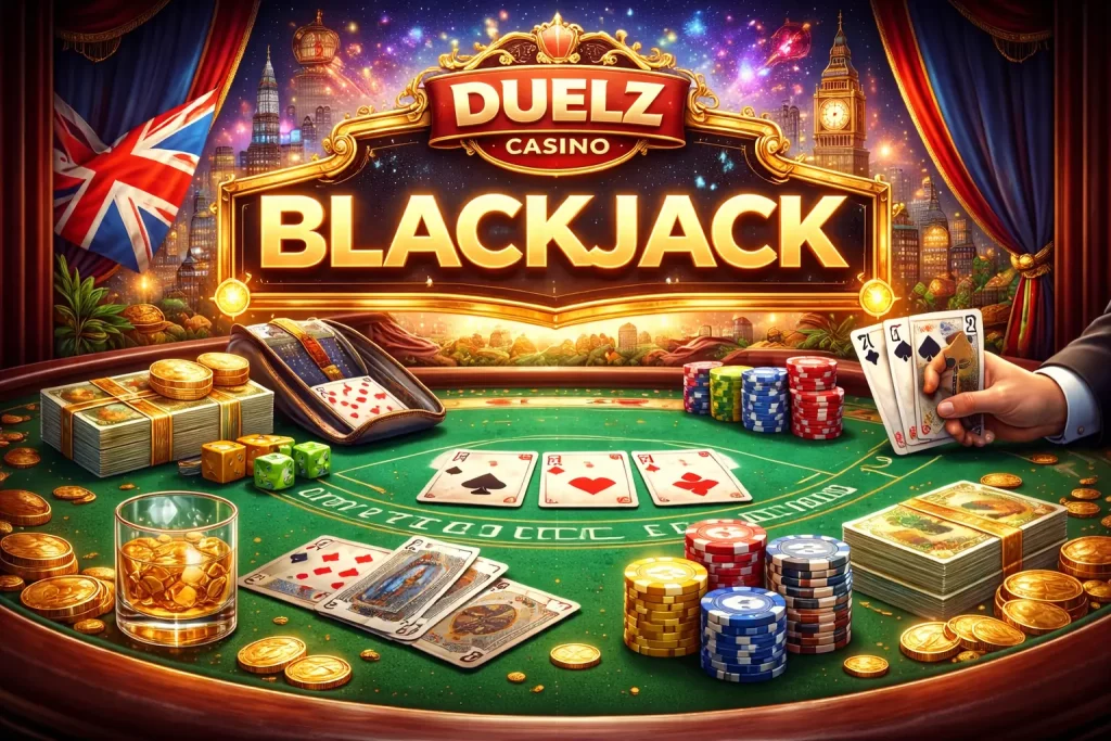 Duelz Casino blackjack illustration featuring UK-themed casino table, playing cards, chips, and classic blackjack gameplay setup