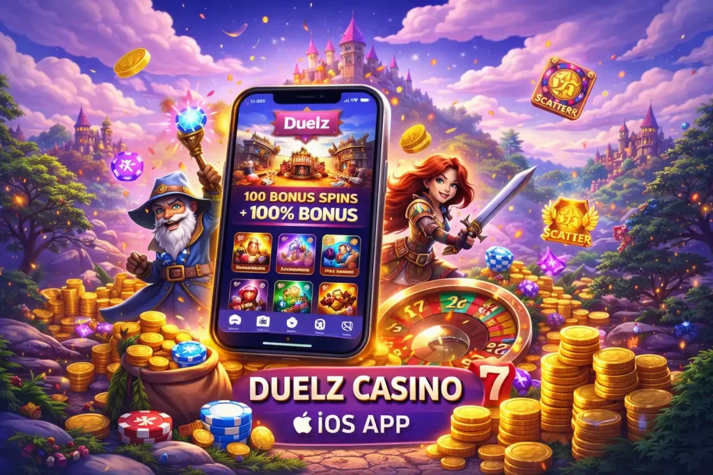 Duelz Casino iOS app interface on iPhone with casino games, bonus features and mobile gameplay experience for UK players