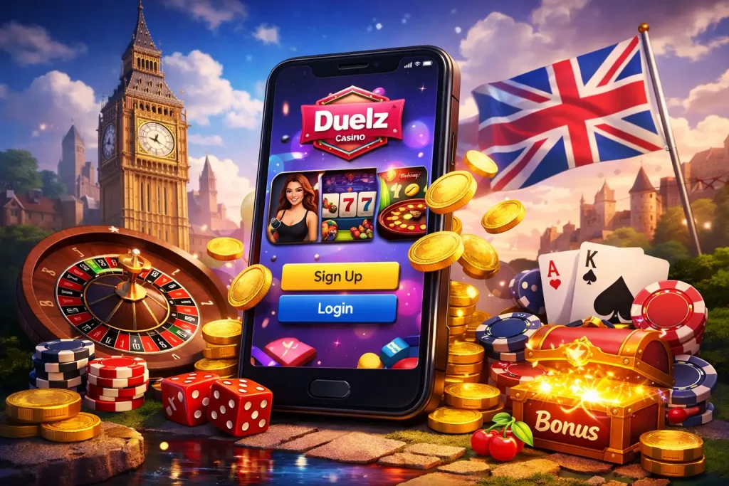 Duelz Casino mobile app on smartphone with casino games, roulette, poker chips and bonus features for UK players