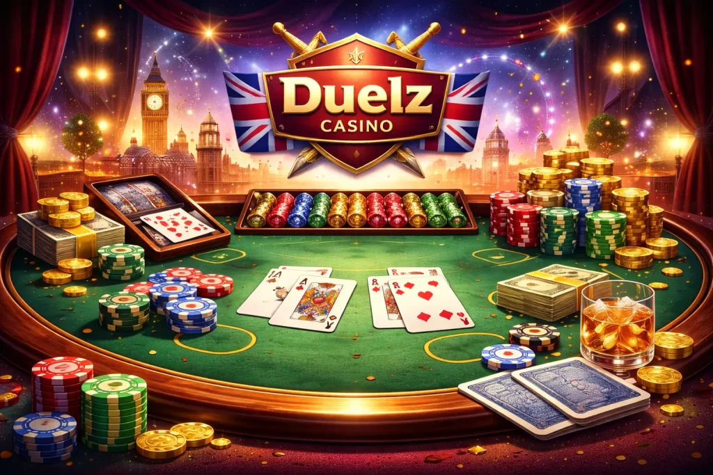 Duelz Casino poker illustration featuring UK-themed poker table, playing cards, chips, and classic Texas Hold’em gameplay setup