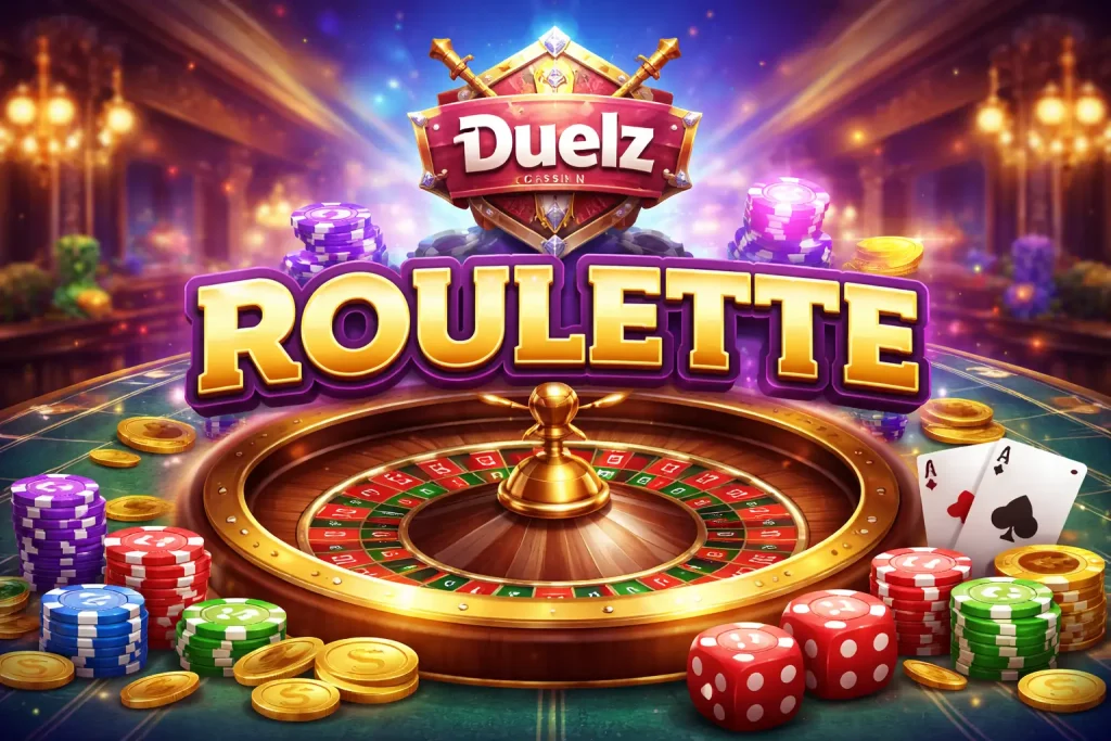 Duelz Casino roulette game with spinning wheel, chips, dice and premium casino atmosphere for UK players